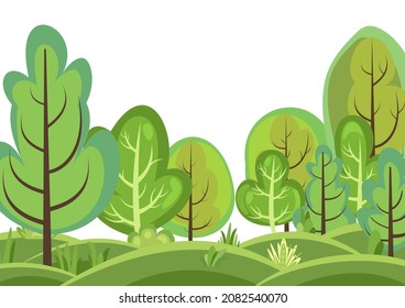 Flat forest. Illustration in a simple symbolic style. Funny green rural landscape. Comic design. Wild thickets. Cute scene with trees. Isolated Cartoon Vector.