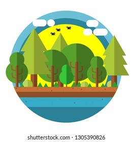 flat forest with kinds of trees and river