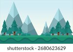 Flat Forest Landscape with Mountains and Trees