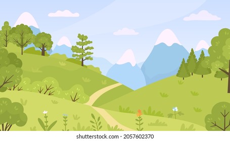 Flat forest with meadow, trees, bushes and mountains landscape. Cartoon spring green hills nature with flowers and plants vector background. Spring or summer time greenery with blue sky - Shutterstock ID 2057602370