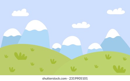 Flat forest with meadow, trees, bushes and mountains landscape. Cartoon spring green hills nature with flowers and plants