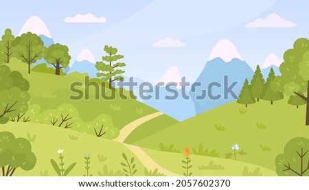 Flat forest with meadow, trees, bushes and mountains landscape. Cartoon spring green hills nature with flowers and plants vector background. Spring or summer time greenery with blue sky