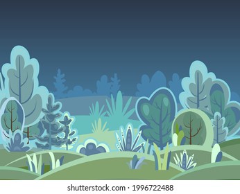 Flat forest. Night landscape with trees. Fog. Illustration in a simple symbolic style. A funny green scene. Comic cartoon design. Country wild plants. Vector