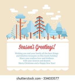 Flat forest scene card with trees and wood scenery and Christmas congratulation postcard