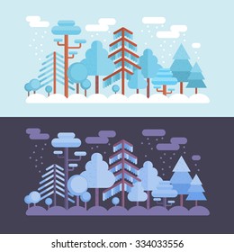Flat forest scene with trees and wood scenery with day and night location template