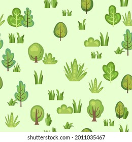 Flat forest. Seamless pattern. Illustration in a simple symbolic style. Funny green landscape. Comic cartoon design. Cute scene with trees. Vector