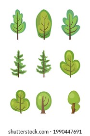 Flat forest. Set with trees. Illustration in a simple symbolic style. Pine. Objects for a funny green landscape. Comic cartoon design. Out-of-town wild plants. Vector