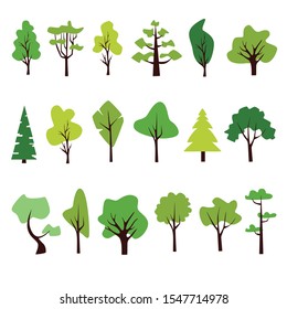 Flat forest tree icon. Pine, spruce, oak, birch, trunk, aspen, alder, poplar, chestnut, palm apple tree Vector illustration. Flat forest tree nature plant isolated eco foliage.