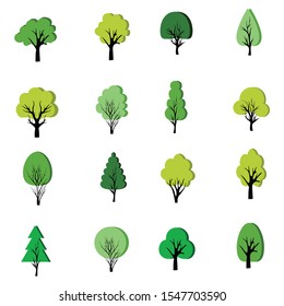 Flat forest tree icon. Variety of hand drawn deciduous trees illustration. Pine, spruce, oak, birch, poplar, chestnut, trunk, aspen, alder, palm apple tree Vector illustration.