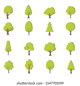 Flat forest tree icon. Variety of hand drawn deciduous trees illustration. Pine, spruce, oak, birch, poplar, chestnut, trunk, aspen, alder, palm apple tree Vector illustration.