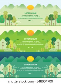 Flat forest vector design of web banner template of three themes. (sunrise, sunset, night)
or using as wallpaper, background.