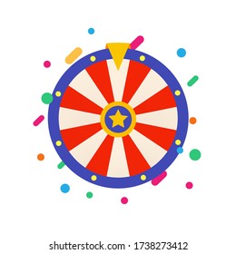 Flat Fortune Wheel  For Gambling Game. Raffle Prizes. Random Choice Wheel Logo. Round Colorful Lottery, Casino Symbol. Online Money Bets Sign. Isolated Slot Machine Vector Illustration 