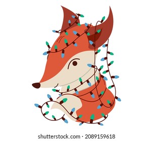 A flat fox in swag. Vector holiday character