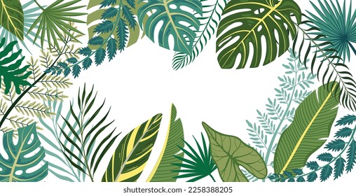 Flat frame with green leaves of various exotic tropical trees and plants on white background vector illustration