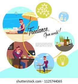 Flat freelance round concept with freelancer working on tropical beach at home coworking center and plants wine bottle camera isolated vector illustration