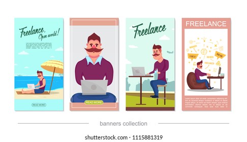 Flat freelance vertical banners with moustached freelancer working on tropical beach at home and coworking center isolated vector illustration