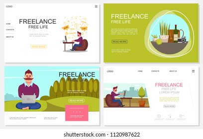Flat freelance websites collection with freelancer working in different places wine bottle plant camera bag isolated vector illustration