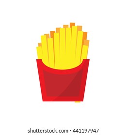 Flat French fries illustration. Street snack icon. Golden potato vector with calories. Isolated crisps on white background. Street fast food
