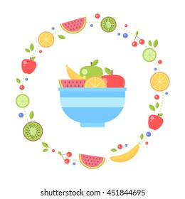 Flat fresh fruits collection circle card for greeting and invitation templates, health commercial, print and web-design