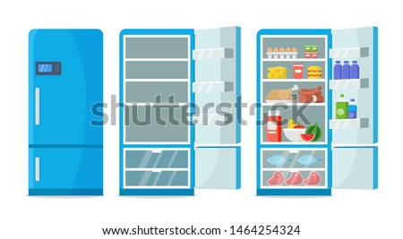 Flat fridge vector. Closed and open empty refrigerator. Blue fridge with healthy food, water, meet, vegetables. Illustration fridge with food or shelf empty