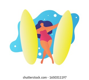Flat friendly woman surfing on big waves. Cartoon trendy people friends summer beach lifestyle. Hawaii surf vacations. Woman get surfing in cartoon trendy people style.