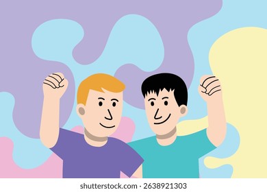 Flat Friendship Illustration - Group Cheer with Hands in the Air Two friends raising their arms and cheering together, representing celebration and shared success.