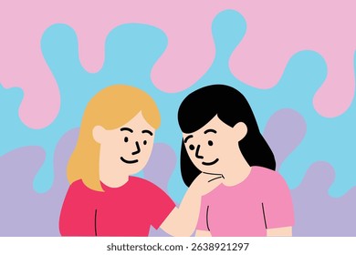 Flat Friendship Illustration - One Friend Comforting Another A heartwarming outline showing one friend offering comfort to another who is feeling sad or upset. A tender moment of empathy and support.