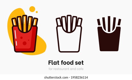 Flat Fries Vector Illustration Set. French Fries Vector Set For Restaurant, Dinner And Menu. Bright Colorful Fries On Yellow Background With Vibrant And Bright Colors. Potato Vector Logo Template Set