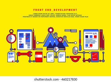 Flat front end development of application programming, client web software and testing. Flat, line graphic image concept, website elements layout, one page web design template with thin line icons.