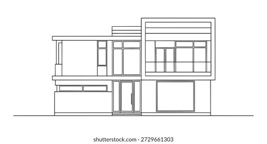 Flache Vorderansicht des modernen Hauses. Skizze der Fassade.