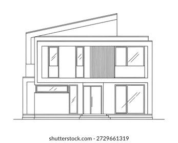 Flache Vorderansicht des modernen Hauses. Skizze der Fassade.