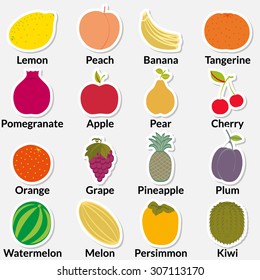 Flat fruit icons gathered in a circle inscribed with names. Vector illustration