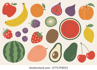 Flat fruit illustration set in modern naive style with apple, banana, orange, fig, peach, berries, avocado and tropical fruits. Trendy minimal shapes for posters, packaging, textiles and summer design.