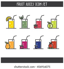 Flat Fruit Juices Icon Set of 8 separated icons. Vector, editable