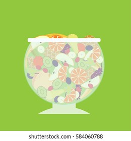 Flat fruit salad template with orange pear kiwi plum strawberry banana and grapes bunch isolated vector illustration