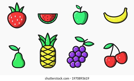 Flat fruit vector set. Flat colorful summer fruit collectior for graphic design isolated on white background. Apple, banana, watermelon and other tropical fruit set. Colorful agriculture food icons 
