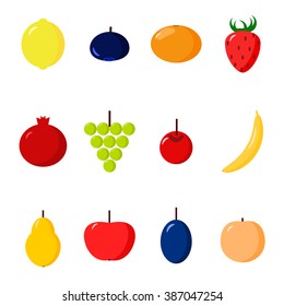 Flat fruits and berries. Vector illustration. Pomegranate, tangerine, plum, grapes, strawberry, banana, lemon, pear, bilberry. Tropical fruits. Healthy eating.
