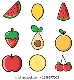 Flat Fruits Cartoon Vector Illustration. Set 9.