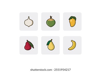 Frutas planas Icon Pack - Jicama, Coco, Manga, Maçã d'água, Pera, Banana