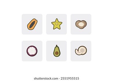 Flat Fruits Icon Pack - Papaya, Starfruits, Longan, Mangosteen, Coconut, Avocado