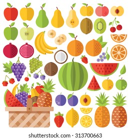 Flat fruits icons set. Colorful flat design concepts for web banners, web sites, printed materials, infographics. Creative vector flat icons and vector illustrations