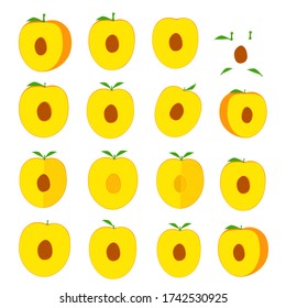Flat fruits isolated. Food icon set on white background. Fresh natural peache. Sweet various fruits.