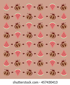 Flat fruits pattern. Vector flat Illustrations of watermelon, pomegranate and grain. print and textile. pink background