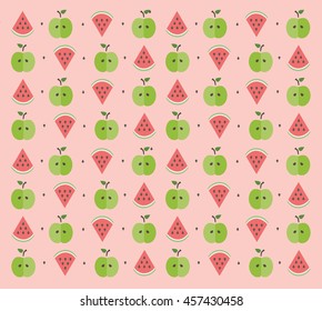 Flat fruits pattern. Vector flat Illustrations of watermelon, apple  and grain. print and textile. pink background
