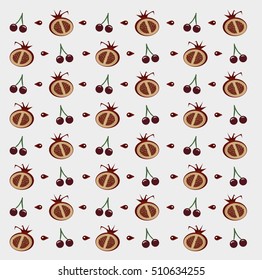 Flat fruits pattern. Vector flat Illustrations of cherry, pomegranate and grain, print and textile. white background
