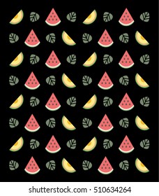 Flat fruits pattern. Vector flat Illustrations of watermelon, melon and leaves, print and textile. black background