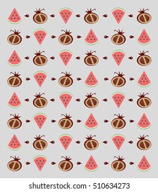 Flat fruits pattern. Vector flat Illustrations of watermelon, pomegranate and grain. print and textile. black background