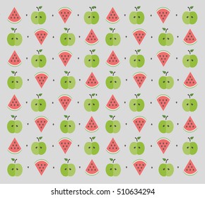 Flat fruits pattern. Vector flat Illustrations of watermelon, apple and grain. print and textile. blue background