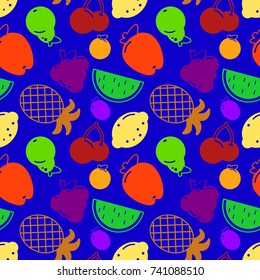 Flat fruits seamless pattern. Vector flat Illustrations of watermelon, banana, cherry, apple, strawberries,orange, kiwi fruit, pear for web, print and textile EPS
