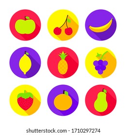 Juego de frutas planas. Ilustración vectorial de la colección de objetos alimentarios en iconos circulares con sombras.